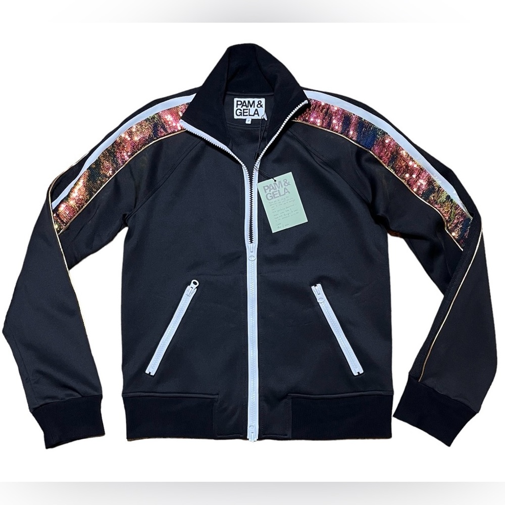 Pam & Gela Wm’s Sequined Stripe Zip Track Jacket In Black NWT Sz 0/XS